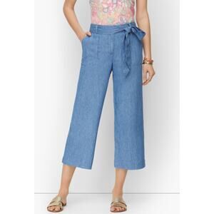 Talbots Womens 8 Blue Chambray Linen Blend Tie Waist Crop Pants Casual Summer